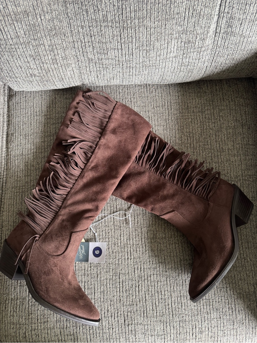 Fringe Suede Knee-High Boots - Brown